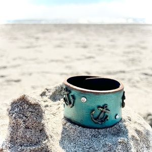 ROZY ALIZE🌹⚓️Turquoise Anchors Nautical♻️Up-Cycled Leather Cuff Sailor Bracelet
